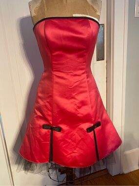 Jessica McClintock for Gunne Sax| Strapless PINK Satin Dress with Black Trim